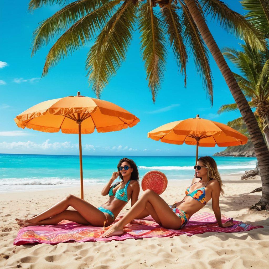 A captivating beach scene featuring a diverse group of stylish women in various trendy bikinis, lounging under colorful umbrellas. Lush palm trees sway in the background, and turquoise waves lap the shore, emphasizing a vibrant summer vibe. Include beach accessories like sunglasses, beach balls, and a surfboard for added fun. The sunlight enhances the warm tones and creates a joyful atmosphere. super-realistic. vibrant colors. sunny day.