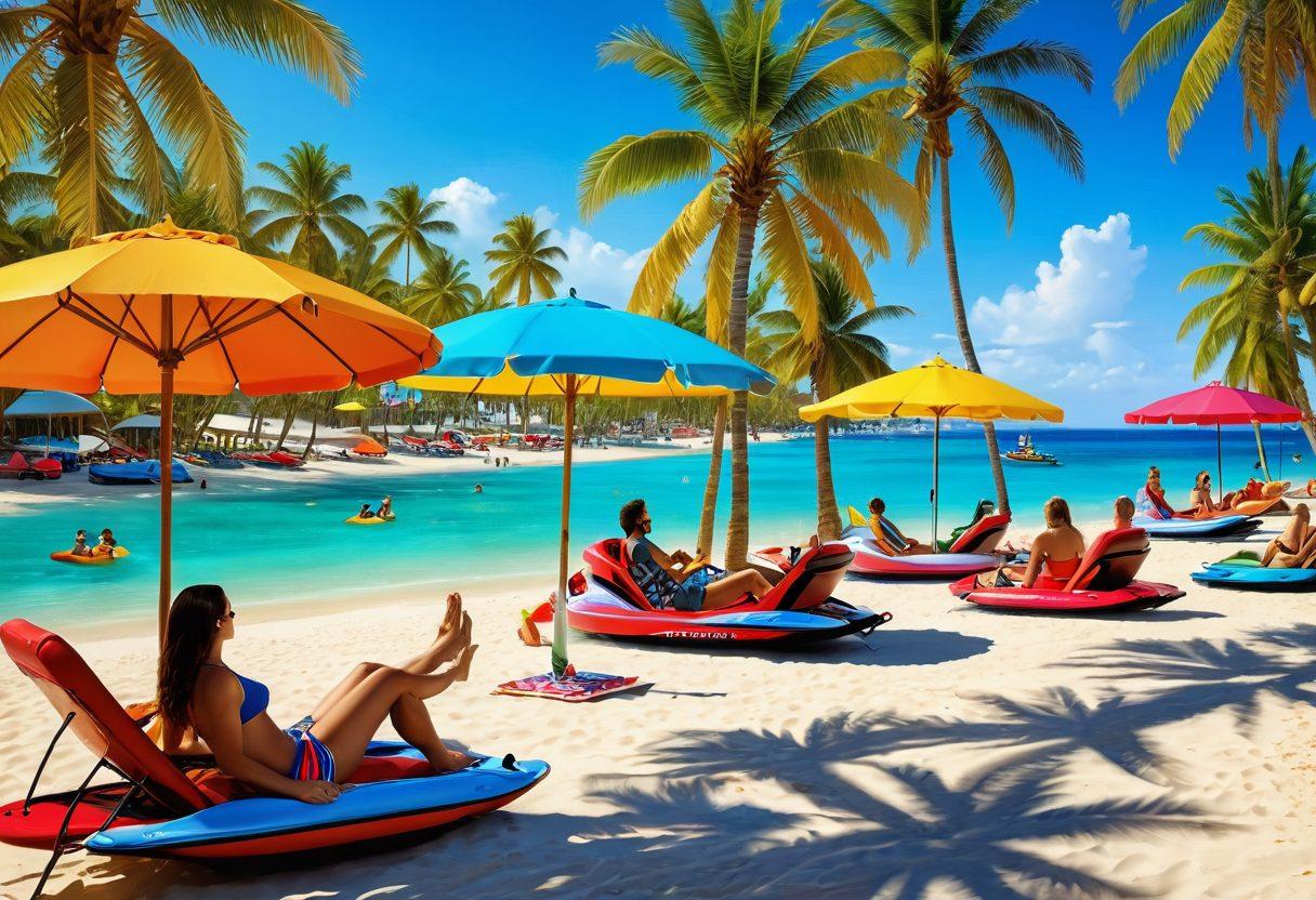 A vibrant beach scene with fashionable people in chic swimwear enjoying various water sports like jet skiing and parasailing, while others lounge under colorful umbrellas sunbathing. The sun shines brightly casting warm glows, with palm trees swaying gently in the breeze. Include splashes of water and a lively atmosphere, evoking feelings of adventure and relaxation. super-realistic. vibrant colors. energetic mood.