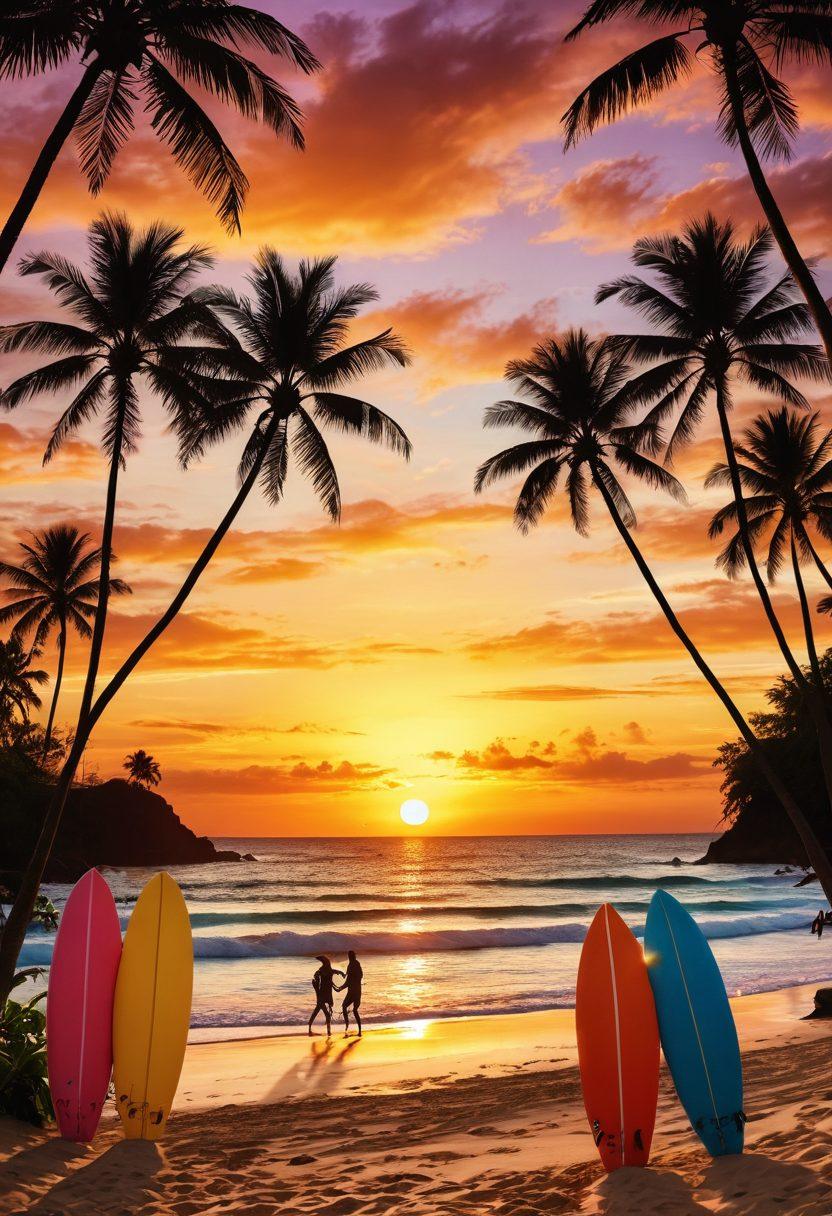 A stunning beach scene capturing adventurous activities such as surfing, beach volleyball, and snorkeling amidst vibrant tropical scenery. The sun sets in the background casting warm hues over the ocean waves, while a group of friends share travel tips joyfully, surrounded by palm trees and beach gear. Include elements like beach umbrellas, surfboards, and tropical drinks to evoke a lively summer atmosphere. super-realistic. vibrant colors. sunset lighting.